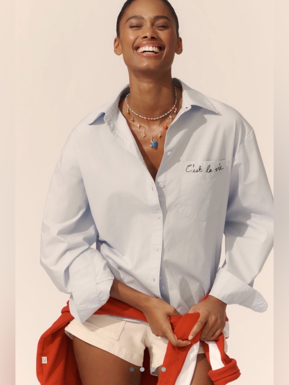 Maeve C’est La Vie Embroidered Button-Up Shirt